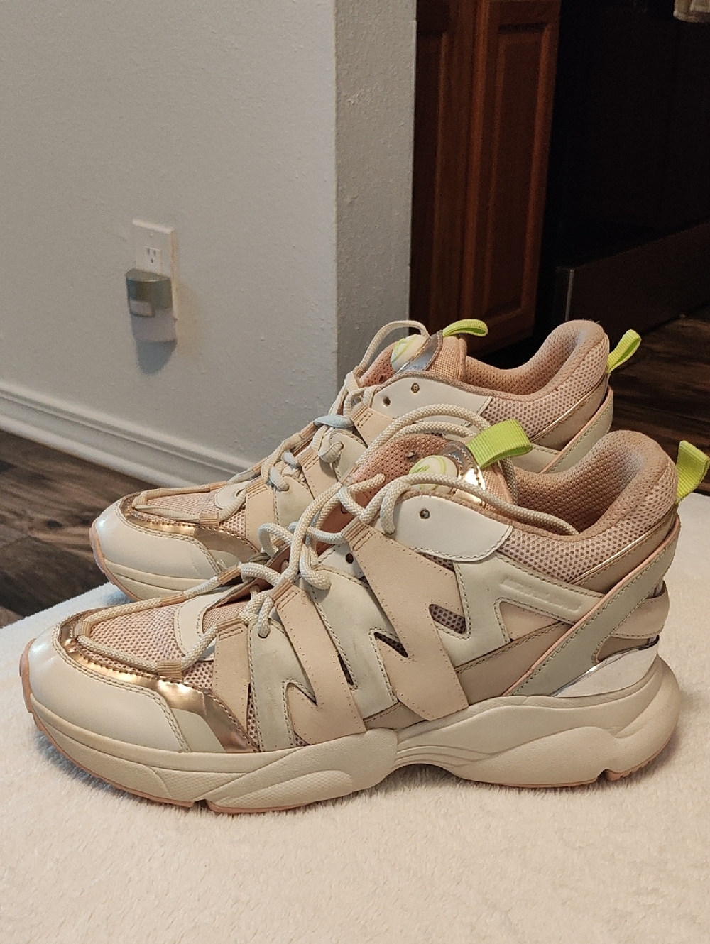 Michael Kors Cream Sneakers with Rose Gold Accents and Neon Yellow Tabs